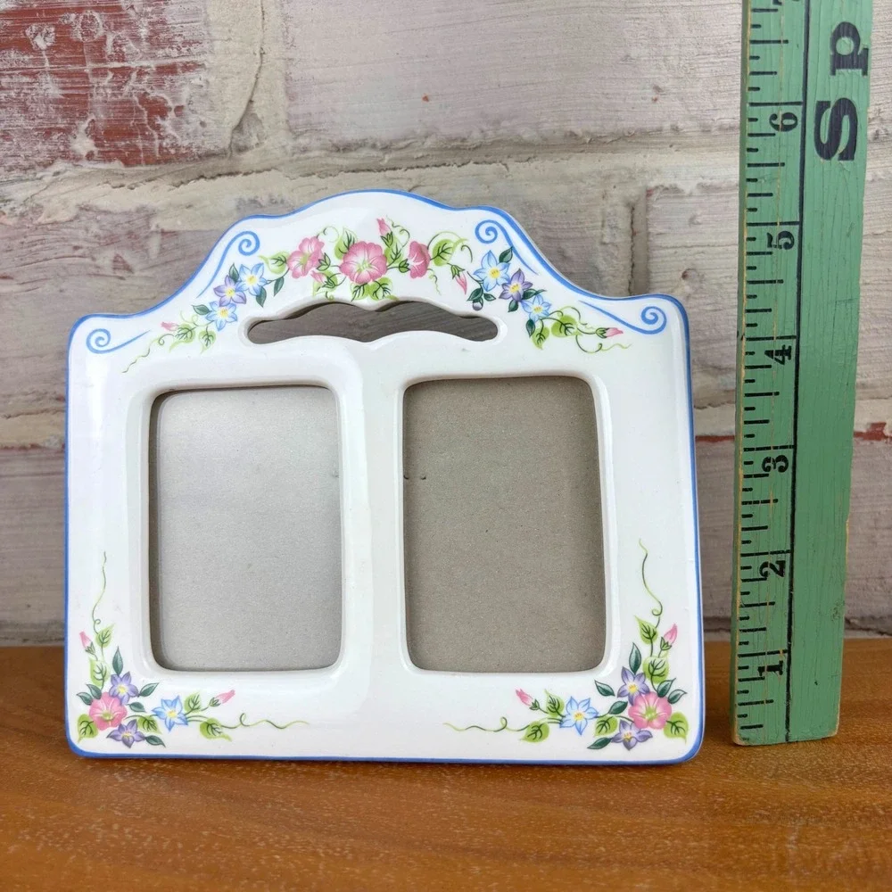 Vintage Ceramic Double Picture Frame Blue Pink Floral Cottagecore Easel Back
